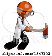 Poster, Art Print Of Orange Doctor Scientist Man With Ax Hitting Striking Or Chopping