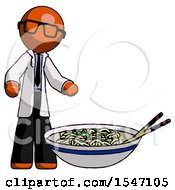 Poster, Art Print Of Orange Doctor Scientist Man And Noodle Bowl Giant Soup Restaraunt Concept