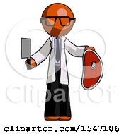 Poster, Art Print Of Orange Doctor Scientist Man Holding Large Steak With Butcher Knife