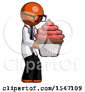 Poster, Art Print Of Orange Doctor Scientist Man Holding Large Cupcake Ready To Eat Or Serve
