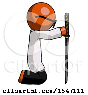 Poster, Art Print Of Orange Doctor Scientist Man Kneeling With Ninja Sword Katana Showing Respect