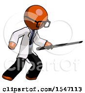 Poster, Art Print Of Orange Doctor Scientist Man Stabbing With Ninja Sword Katana