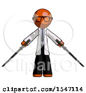 Poster, Art Print Of Orange Doctor Scientist Man Posing With Two Ninja Sword Katanas