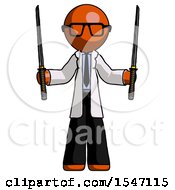Poster, Art Print Of Orange Doctor Scientist Man Posing With Two Ninja Sword Katanas Up