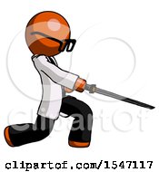 Poster, Art Print Of Orange Doctor Scientist Man With Ninja Sword Katana Slicing Or Striking Something