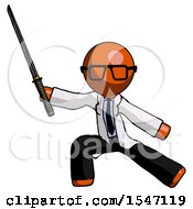 Poster, Art Print Of Orange Doctor Scientist Man With Ninja Sword Katana In Defense Pose