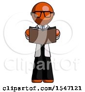 Poster, Art Print Of Orange Doctor Scientist Man Reading Book While Standing Up Facing Viewer