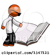 Poster, Art Print Of Orange Doctor Scientist Man Reading Big Book While Standing Beside It