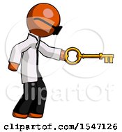 Poster, Art Print Of Orange Doctor Scientist Man With Big Key Of Gold Opening Something