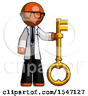 Poster, Art Print Of Orange Doctor Scientist Man Holding Key Made Of Gold