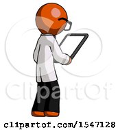 Poster, Art Print Of Orange Doctor Scientist Man Looking At Tablet Device Computer Facing Away