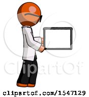 Poster, Art Print Of Orange Doctor Scientist Man Show Tablet Device Computer To Viewer Blank Area