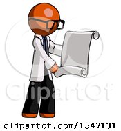 Poster, Art Print Of Orange Doctor Scientist Man Holding Blueprints Or Scroll
