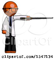 Orange Doctor Scientist Man Standing With Ninja Sword Katana Pointing Right by Leo Blanchette