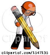 Poster, Art Print Of Orange Doctor Scientist Man Writing With Large Pencil