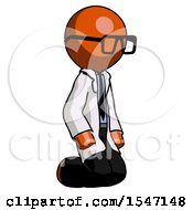 Orange Doctor Scientist Man Kneeling Angle View Right