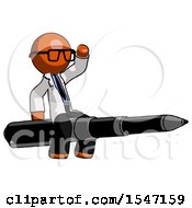 Orange Doctor Scientist Man Riding A Pen Like A Giant Rocket