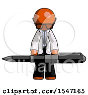 Poster, Art Print Of Orange Doctor Scientist Man Weightlifting A Giant Pen
