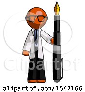 Orange Doctor Scientist Man Holding Giant Calligraphy Pen