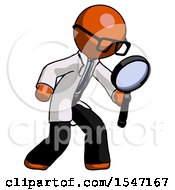 Poster, Art Print Of Orange Doctor Scientist Man Inspecting With Large Magnifying Glass Right