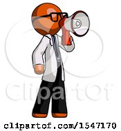 Poster, Art Print Of Orange Doctor Scientist Man Shouting Into Megaphone Bullhorn Facing Right