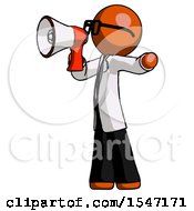 Poster, Art Print Of Orange Doctor Scientist Man Shouting Into Megaphone Bullhorn Facing Left