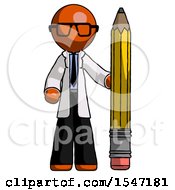 Orange Doctor Scientist Man With Large Pencil Standing Ready To Write