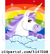 Clipart Of A Happy Unicorn Over A Rainbow And Clouds Royalty Free Illustration by LoopyLand