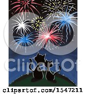 Clipart Of A Rear View Of A Cat Couple Watching Fireworks Royalty Free Illustration