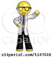 Yellow Doctor Scientist Man Waving Left Arm With Hand On Hip