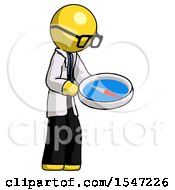 Poster, Art Print Of Yellow Doctor Scientist Man Looking At Large Compass Facing Right