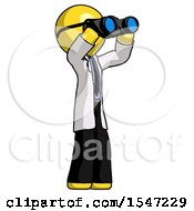 Poster, Art Print Of Yellow Doctor Scientist Man Looking Through Binoculars To The Right