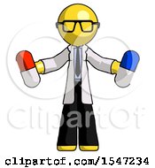 Poster, Art Print Of Yellow Doctor Scientist Man Holding A Red Pill And Blue Pill