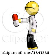 Poster, Art Print Of Yellow Doctor Scientist Man Holding Red Pill Walking To Left