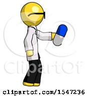 Yellow Doctor Scientist Man Holding Blue Pill Walking To Right
