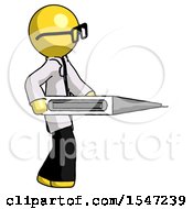 Poster, Art Print Of Yellow Doctor Scientist Man Walking With Large Thermometer