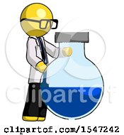 Yellow Doctor Scientist Man Standing Beside Large Round Flask Or Beaker