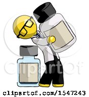 Yellow Doctor Scientist Man Holding Large White Medicine Bottle With Bottle In Background