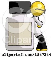 Yellow Doctor Scientist Man Leaning Against Large Medicine Bottle