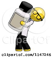 Yellow Doctor Scientist Man Holding Large White Medicine Bottle