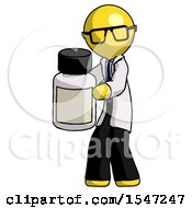 Yellow Doctor Scientist Man Holding White Medicine Bottle