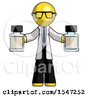 Yellow Doctor Scientist Man Holding Two Medicine Bottles