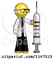 Poster, Art Print Of Yellow Doctor Scientist Man Holding Large Syringe