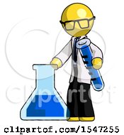 Yellow Doctor Scientist Man Holding Test Tube Beside Beaker Or Flask