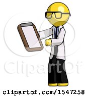 Yellow Doctor Scientist Man Reviewing Stuff On Clipboard