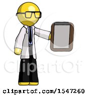 Poster, Art Print Of Yellow Doctor Scientist Man Showing Clipboard To Viewer