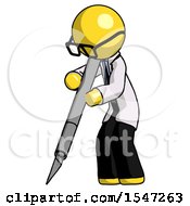 Yellow Doctor Scientist Man Cutting With Large Scalpel