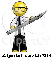 Poster, Art Print Of Yellow Doctor Scientist Man Holding Large Scalpel
