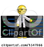 Poster, Art Print Of Yellow Doctor Scientist Man With Server Racks In Front Of Two Networked Systems