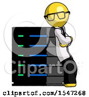 Poster, Art Print Of Yellow Doctor Scientist Man Resting Against Server Rack Viewed At Angle